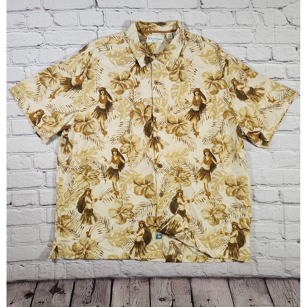 Caribbean Pure Silk Mens XL Tan Hula Girl Hibiscus Tropical Aloha Camp Shirt